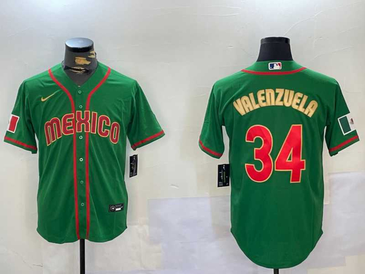 Mens Mexico Baseball #34 Fernando Valenzuela 2023 Green Gold World Classic Stitched Jersey